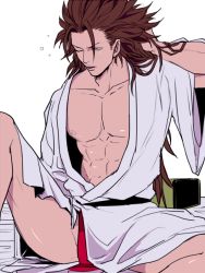 Rule 34 | 1boy, abs, brown hair, fire emblem, fire emblem fates, japanese clothes, kimono, male focus, muscular, nintendo, pectorals, ryoma (fire emblem), solo, sweat, tagme, u (lastcrime), undressing, wince