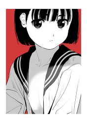 Rule 34 | 1girl, absurdres, black hair, blunt ends, border, closed mouth, female focus, flat chest, highres, looking at viewer, medium hair, monochrome, nipples, open clothes, open shirt, original, red background, sailor collar, shinkun (natsume so), solo, spot color, upper body, white border