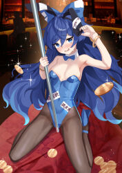 Rule 34 | 1girl, 1other, amano hagoromo, armpits, bangle, black pantyhose, blue bow, blue eyes, blue footwear, blue hair, blue leotard, blush, bow, bracelet, breasts, coin, detached collar, hair between eyes, hair bow, high heels, highres, jewelry, kneeling, leotard, long hair, looking at viewer, open mouth, pantyhose, small breasts, solo focus, strapless, strapless leotard, touhou, yorigami shion