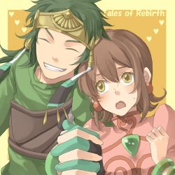Rule 34 | 1boy, 1girl, annie barrs, bad id, bad pixiv id, brown hair, copyright name, earrings, flipped hair, gloves, green hair, green shirt, grin, jewelry, long hair, orange background, shibanashi miso, shirt, smile, tales of (series), tales of rebirth, tytree crowe, una, yellow eyes