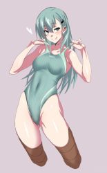 Rule 34 | 10s, 1girl, aqua eyes, aqua hair, bad id, bad twitter id, brown thighhighs, clothes pull, company connection, competition swimsuit, cowboy shot, gluteal fold, green one-piece swimsuit, grey background, hair ornament, hairclip, highleg, highleg swimsuit, kantai collection, long hair, looking at viewer, one-piece swimsuit, one-piece swimsuit pull, ponytail, simple background, smile, solo, suzuya (kancolle), swimsuit, thighhighs, ulrich (tagaragakuin)