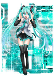Rule 34 | 1girl, aqua eyes, aqua hair, bad id, bad pixiv id, boots, detached sleeves, hatsune miku, headset, highres, kuromayu, long hair, navel, necktie, open mouth, skirt, solo, thigh boots, thigh gap, thighhighs, twintails, very long hair, vocaloid