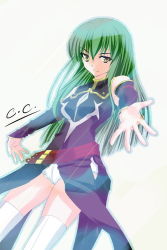Rule 34 | 00s, 1girl, ashizawa, belt, buckle, c.c., character name, closed mouth, code geass, foreshortening, gloves, green hair, long hair, long sleeves, looking at viewer, military, military uniform, simple background, smile, solo, standing, uniform, very long hair, white background, white gloves, yellow eyes
