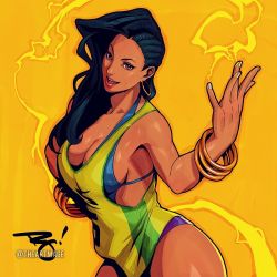 Rule 34 | 1girl, asymmetrical hair, bangle, bikini, black hair, blue bikini, bracelet, breasts, cleavage, contrapposto, cornrows, dark-skinned female, dark skin, earrings, electricity, eyeliner, fingernails, hand on own hip, hoop earrings, inktober, jersey, jewelry, large breasts, laura matsuda, lipstick, long hair, looking at viewer, makeup, nose, official alternate costume, open mouth, red lips, sideboob, signature, smile, solo, standing, street fighter, street fighter v, swimsuit, teeth, the art mage, thick thighs, thighs, twitter username, upper teeth only, yellow background