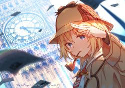 Rule 34 | 1girl, absurdres, blonde hair, blue eyes, brown coat, coat, collared shirt, deerstalker, dutch angle, elizabeth tower, english text, hat, highres, hololive, hololive english, jl tan, long sleeves, looking at viewer, necktie, pipe in mouth, red necktie, salute, shirt, smoking pipe, solo, two-finger salute, virtual youtuber, watson amelia, white shirt