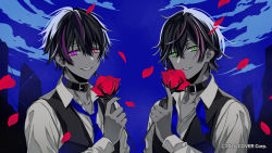 Rule 34 | 2boys, belt collar, black hair, black nails, black vest, blue background, blue necktie, cloud, collar, collared shirt, colored skin, copyright notice, crossed bangs, earrings, eyeliner, falling petals, fangs, flower, green eyes, grey skin, hair between eyes, heterochromia, highres, holding, holding flower, holostars, jewelry, limited palette, looking at viewer, makeup, multicolored hair, multiple boys, nail polish, neck ribbon, necktie, official art, okamoto nobuhiko, open collar, parted lips, petals, pink eyes, pink hair, purple eyes, purple hair, queen (vocaloid), red flower, red rose, ribbon, rikka (holostars), rose, shirt, short hair, single earring, smile, streaked hair, symbol-shaped pupils, teeth, teito (0w0kuma), undone neck ribbon, upper body, upper teeth only, vest, virtual youtuber, vocaloid, white shirt