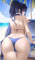 Rule 34 | 1girl, absurdres, ass, ass focus, azur lane, back, bare shoulders, beach, bikini, blue bikini, blue eyes, blue hair, blush, breasts, closed mouth, commentary request, fouriasensei, halterneck, highres, large breasts, long hair, looking at viewer, looking back, new jersey (azur lane), new jersey (midsummer leisure) (azur lane), official alternate costume, outdoors, parasol, ponytail, smile, solo, string bikini, swimsuit, umbrella, water