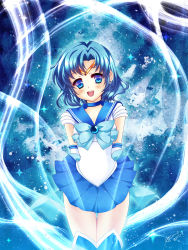 Rule 34 | 1990s (style), 1girl, akao, arms behind back, bishoujo senshi sailor moon, blue eyes, blue hair, blue sailor collar, blue skirt, blue theme, boots, bow, brooch, choker, gloves, highres, jewelry, magical girl, matching hair/eyes, mizuno ami, pleated skirt, ribbon, sailor collar, sailor mercury, short hair, skirt, smile, solo, tiara