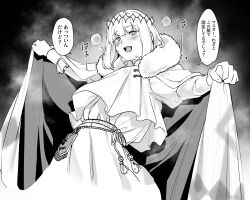 Rule 34 | 1boy, bag, belt, belt pouch, blush, cape, cape lift, clothes lift, coat, commentary request, cowboy shot, crown, diamond (shape), diamond crown, diamond hairband, fate/grand order, fate (series), fur-trimmed cape, fur-trimmed coat, fur trim, hairband, heavy breathing, high collar, highres, lifted by self, long sleeves, looking to the side, male focus, medium hair, monochrome, oberon (fate), open mouth, overshirt, pouch, puffy long sleeves, puffy sleeves, raised eyebrows, sausu hitori, shirt, solo, speech bubble, sweat, sweatdrop, tagme, teeth, translation request, trap, under skirt, underdress, upper body, upper teeth only