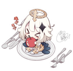Rule 34 | &gt; &lt;, 1girl, beni shake, black cape, blush, boots, cape, chibi, closed eyes, commentary request, dress, eating, emergency food, food, fork, genshin impact, halo, holding, holding food, knife, long sleeves, mini person, minigirl, paimon (genshin impact), plate, signature, simple background, single thighhigh, solo, spoon, thighhighs, thighhighs under boots, translation request, white background, white dress, white footwear, white hair, white thighhighs