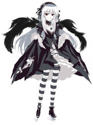 Rule 34 | 00s, 1girl, calle nozomu, goth fashion, ice skates, pale skin, red eyes, rozen maiden, skates, solo, striped clothes, striped thighhighs, suigintou, thighhighs, wings
