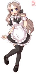 Rule 34 | 1girl, alternate costume, apron, artist logo, asakaze (kancolle), black dress, black thighhighs, blue eyes, commentary request, dated, dress, enmaided, forehead, frilled dress, frills, full body, highres, kanon (kurogane knights), kantai collection, light brown hair, long hair, looking at viewer, maid, open mouth, parted bangs, round teeth, sidelocks, simple background, smile, solo, teeth, thighhighs, upper teeth only, wavy hair, white apron, white background, wrist cuffs