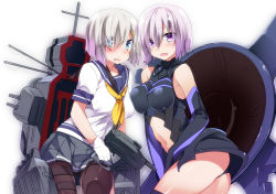 Rule 34 | 10s, 2girls, :d, armpit peek, armpits, black gloves, black legwear, black panties, blue eyes, breast press, breasts, commentary request, crossover, elbow gloves, fate/grand order, fate (series), gloves, hair ornament, hair over one eye, hairpin, hamakaze (kancolle), holding, kantai collection, large breasts, look-alike, looking at viewer, machinery, mash kyrielight, medium breasts, mtu (orewamuzituda), multiple girls, navel, open mouth, panties, pantyhose, pantyshot, pleated skirt, purple eyes, school uniform, serafuku, shield, short hair, silver hair, simple background, sitting, skirt, smile, standing, turret, underwear, white background, white gloves