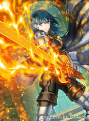 Rule 34 | 1girl, armored boots, black pants, blue eyes, blue hair, boots, breasts, brown footwear, brown gloves, byleth (female) (fire emblem), byleth (fire emblem), closed mouth, dutch angle, fire emblem, fire emblem: three houses, fire emblem cipher, floating hair, gloves, holding, holding sword, holding weapon, indoors, kita senri, long hair, looking at viewer, medium breasts, nintendo, official art, pants, solo, standing, sword, thigh boots, thighhighs, weapon