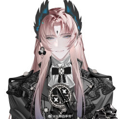 Rule 34 | 1boy, arknights, ascot, ban tang siji qing, black bow, black bowtie, black gloves, black jacket, blue eyes, bow, bow earrings, bowtie, brooch, closed mouth, compact (cosmetics), cosmetics, curtained hair, earrings, flat color, forehead jewel, gloves, head wings, highres, holding, jacket, jewelry, lace, lapels, long hair, long sleeves, looking at viewer, male focus, multiple rings, notched lapels, orange hair, parted bangs, passenger (arknights), ring, simple background, single earring, smile, solo, straight-on, unfinished, upper body, white ascot, white background, wings