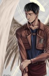 Rule 34 | 1boy, angel, bertolt hoover, black hair, black shirt, closed mouth, cropped jacket, dark-skinned male, dark skin, closed eyes, feathered wings, feet out of frame, halo, highres, jacket, leather, leather jacket, male focus, nene (10575936), pants, shingeki no kyojin, shirt, short hair, solo, three-dimensional maneuver gear, white pants, wings