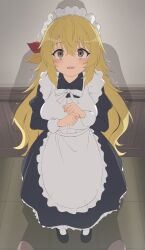 Rule 34 | 1boy, 1girl, absurdres, apron, blonde hair, breasts, brown eyes, full body, hair between eyes, highres, imminent rape, large breasts, long hair, looking at viewer, maid, open mouth, saikyou onmyouji no isekai tenseiki, shadow, shoes, sincos, solo focus, standing, tearing up, tears, trembling, white apron, yifa