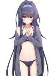 Rule 34 | 1girl, bags under eyes, bikini, black bikini, black hair, blue archive, blue eyes, blue hairband, blush, closed mouth, commentary request, gluteal fold, grey jacket, groin, hair between eyes, hairband, halo, highres, jacket, long sleeves, looking at viewer, navel, nayuhi (yukimuu14), off shoulder, open clothes, open jacket, own hands together, ponytail, sidelocks, simple background, sleeves past wrists, solo, standing, swimsuit, ui (blue archive), ui (swimsuit) (blue archive), white background