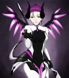 Rule 34 | 1girl, armor, bia (351401676), bodysuit, breasts, cowboy shot, dark persona, demon horns, demon tail, ear piercing, emblem, facial mark, faulds, forehead mark, gradient background, hair between eyes, highres, holding, holding staff, horns, imp mercy, light smile, lipstick, looking at viewer, makeup, mechanical wings, medium breasts, mercy (overwatch), official alternate costume, outstretched hand, overwatch, overwatch 1, piercing, ponytail, purple background, purple eyes, purple hair, purple lips, purple wings, solo, spread wings, staff, tail, wings