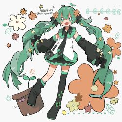 Rule 34 | 1girl, artist name, black bow, black footwear, black necktie, black ribbon, black skirt, boots, bow, commentary request, detached sleeves, flower, full body, green eyes, green hair, hair flower, hair ornament, hair ribbon, hatsune miku, highres, long hair, long sleeves, looking at viewer, miniskirt, necktie, open mouth, plant, pleated skirt, potted plant, ribbon, saltchiyiro105, shirt, simple background, skirt, sleeves past wrists, smile, solo, sprout, sprout on head, thigh boots, thighhighs, twintails, twitter username, very long hair, vocaloid, white background, white shirt