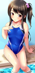 Rule 34 | 1girl, adachi suika, artist name, black hair, blue one-piece swimsuit, breasts, brown eyes, collarbone, competition swimsuit, covered navel, cube hair ornament, dated, feet out of frame, hair ornament, hand on own chest, highleg, highleg swimsuit, highres, looking at viewer, one-piece swimsuit, pool, poolside, side ponytail, skindentation, small breasts, solo, swimsuit, tsuchimiya, water, wet, wet clothes, wet swimsuit