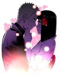 Rule 34 | 1boy, 1girl, bad id, bad pixiv id, blush, cherry blossoms, eye contact, facial mark, flower, forehead-to-forehead, hair flower, hair ornament, hands on another&#039;s face, heads together, husband and wife, hyuuga hinata, japanese clothes, light particles, lipstick, looking at another, makeup, monochrome, naruto, naruto: the last, naruto (series), satomi (n-s freedom), short hair, smile, spiked hair, upper body, uzumaki naruto, whisker markings, whiskers