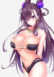 Rule 34 | 1girl, arm behind back, bare shoulders, bikini, blush, breasts, cleavage, closed mouth, collarbone, cone hair bun, cowboy shot, double bun, earrings, fate/grand order, fate (series), grey background, hair between eyes, hair bun, hair ornament, highres, jewelry, large breasts, long hair, looking at viewer, murasaki shikibu (fate), murasaki shikibu (purple eye) (fate), navel, necklace, purple bikini, purple eyes, purple hair, sankakusui, shiny skin, simple background, solo, swimsuit, white background