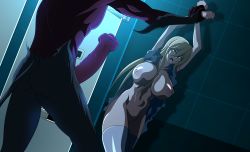 Rule 34 | 1boy, 1girl, amon (devilman), animal penis, arm grab, blonde hair, breasts, breasts out, crossover, demon, devilman, devilman crybaby, highres, highschool of the dead, horror (theme), horse penis, hospital, huge breasts, inminent sex, marikawa shizuka, morgue, muscular, muscular arms, muscular male, nipples, nurse, penis, thick thighs, thighhighs, thighs, torn clothes, uniform, yellow eyes