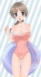 Rule 34 | 1girl, blue eyes, blush, braid, braided ponytail, breasts, brown hair, cleavage, covered navel, hair ribbon, highres, innertube, large breasts, long hair, looking at viewer, lynette bishop, one-piece swimsuit, open mouth, pink one-piece swimsuit, ponytail, remoso, ribbon, smile, solo, strike witches, swim ring, swimsuit, world witches series