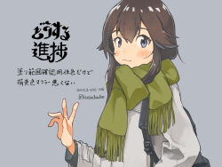Rule 34 | 1girl, bag, black hair, coat, commentary request, green scarf, grey background, grey eyes, hand in pocket, hayasui (kancolle), kantai collection, kusakabe (kusakabeworks), looking at viewer, medium hair, official alternate costume, pantyhose, scarf, sidelocks, simple background, solo, upper body, white coat