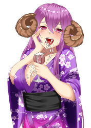 Rule 34 | 1girl, absurdres, blush, breasts, cum, cum in container, cum in cup, cum in mouth, cum on body, cum on breasts, cum on upper body, cup, drinking glass, glass, highres, horns, japanese clothes, kaneko mimi, kimono, large breasts, light purple hair, long hair, open mouth, purple eyes, sheep girl, sheep horns, solo, thick eyebrows, wine glass