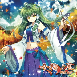 Rule 34 | 1girl, album cover, bare shoulders, barefoot, capura lin, cover, detached sleeves, female focus, forest, frog, green hair, hair ornament, japanese clothes, kochiya sanae, leaf, long hair, midriff, miko, nature, navel, outdoors, sky, snake, solo, touhou, yellow eyes