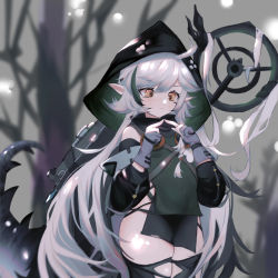 Rule 34 | 1girl, absurdres, ahoge, arknights, black sleeves, black thighhighs, blurry, blurry background, covered navel, cowboy shot, crocodilian tail, detached sleeves, gloves, goggles, goggles around neck, green hair, green tunic, grey gloves, grey hair, highres, hood, hood up, index fingers together, light blush, long hair, multicolored hair, outdoors, partially fingerless gloves, pelvic curtain, pointy ears, solo, staff, streaked hair, tail, thighhighs, thighs, tomimi (arknights), torn clothes, torn thighhighs, very long hair, yellow eyes, yiyizi
