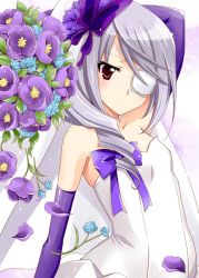 Rule 34 | 10s, 1girl, bare shoulders, bouquet, bow, dress, elbow gloves, eyepatch, flower, gloves, infinite stratos, laura bodewig, petals, red eyes, silver hair, solo, white dress, yamaki suzu