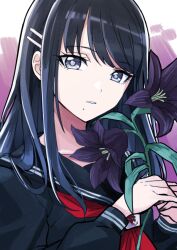 Rule 34 | 1girl, alternate hairstyle, black hair, black sailor collar, black shirt, blue eyes, breasts, collarbone, dot nose, flower, hair ornament, hairclip, hands up, holding, holding flower, idolmaster, idolmaster shiny colors, kazano hiori, lily (flower), long hair, long sleeves, looking at viewer, mole, mole under mouth, neckerchief, parted lips, purple background, purple flower, red neckerchief, sailor collar, school uniform, serafuku, shirt, simple background, small breasts, solo, tsukikage oyama, upper body