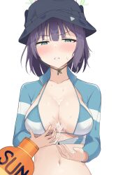 Rule 34 | 1girl, bikini, black hat, blue archive, blush, breasts, cleavage, collarbone, green eyes, green halo, halo, hat, highres, large breasts, looking at viewer, lotion, mintchoco (minchothudong), navel, official alternate costume, open mouth, pov, purple hair, raglan sleeves, rash guard, saki (blue archive), saki (swimsuit) (blue archive), short hair, simple background, solo, suggestive fluid, sunscreen, swimsuit, upper body, white background