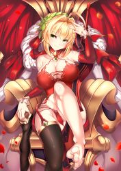 Rule 34 | 1girl, aata1007, ahoge, barefoot, blonde hair, blush, braid, breasts, cameltoe, chair, cleavage, closed mouth, commentary request, dress, fate/extra, fate (series), feet, french braid, green eyes, hair between eyes, hair intakes, hair ornament, highres, jewelry, large breasts, leaf, leaf hair ornament, leaf on head, leg up, legs, looking at viewer, nero claudius (fate), nero claudius (fate) (all), nero claudius (fate/extra), red dress, removing legwear, single thighhigh, sitting, smile, solo, sword, thighhighs, toes, underwear, weapon