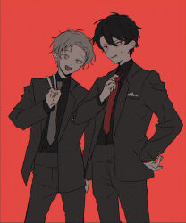 Rule 34 | 2boys, :d, adjusting clothes, adjusting necktie, arm at side, black eyes, black hair, black shirt, breast pocket, collared shirt, colored eyelashes, commentary request, double-parted bangs, dress pants, dress shirt, feet out of frame, formal, grey eyes, grey hair, grey jacket, grey necktie, grey pants, grey suit, hair between eyes, hand on own hip, height difference, highres, jacket, kagerou project, kano shuuya, kisaragi shintarou, lapels, limited palette, long sleeves, looking at viewer, looking away, male focus, mokemoke chan, multiple boys, muted color, necktie, notched lapels, open clothes, open jacket, open mouth, pants, parted lips, pocket, pocket square, red background, red necktie, shirt, shirt tucked in, short hair, simple background, smile, standing, suit, suit jacket, sweat, unbuttoned, v, wavy mouth