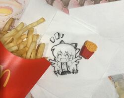 Rule 34 | 1girl, arms up, blush stickers, bow, closed eyes, collared shirt, commentary, food, french fries, fujiwara no mokou, hair bow, happy, highres, jokanhiyou, long hair, mcdonald&#039;s, napkin, no nose, open mouth, photo (medium), puffy short sleeves, puffy sleeves, shirt, short sleeves, sketch, solo, suspenders, symbol-only commentary, touhou, traditional media, unconventional media