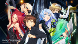 Rule 34 | 1boy, 5girls, arm behind head, beatless, black jacket, blue eyes, blue hair, blunt bangs, brown eyes, brown hair, closed mouth, collared jacket, copyright name, elbow gloves, endou arato, gloves, hair ornament, highres, jacket, kadowaki satoshi, kouka (beatless), leicia, long hair, long sleeves, looking at viewer, looking to the side, maid headdress, mariage, methode, multiple girls, official art, open mouth, parted lips, pink eyes, profile, red hair, saturnus (beatless), snowdrop (beatless), weapon, white gloves, wing collar