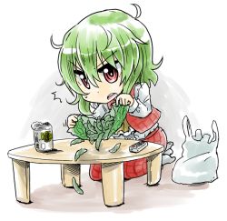 Rule 34 | 1girl, ^^^, bag, beer can, can, controller, drink can, green hair, kazami yuuka, kujira lorant, long sleeves, looking down, no shoes, open mouth, pea pod, plaid, plaid skirt, plaid vest, red eyes, remote control, seiza, shadow, shopping bag, short hair, simple background, sitting, skirt, solo, table, tearing, touhou, vest, white background
