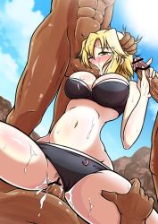 Rule 34 | 1girl, 3boys, bar censor, beach, blonde hair, blush, breasts, censored, clothing aside, cowgirl position, crying, cum, cum in mouth, cum in pussy, fellatio, girl on top, grabbing another&#039;s hair, group sex, handjob, hetero, large breasts, lunasa prismriver, midori niku, multiple boys, muscular, navel, one eye closed, oral, outdoors, penis, pubic hair, rape, sex, short hair, straddling, sweat, swimsuit, swimsuit aside, tears, touhou, vaginal, yellow eyes