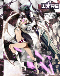 Rule 34 | 10s, 1girl, alternate color, alternate hair color, arm cannon, belt, bikini, bikini top only, black rock shooter, boots, chain, checkered background, coat, female focus, full body, glowing, glowing eyes, highres, huge weapon, koukou64, legs, long hair, navel, purple eyes, scar, shorts, solo, swimsuit, twintails, very long hair, weapon, white hair, white rock shooter