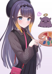 Rule 34 | 1girl, :3, bag, black dress, black headwear, black shirt, blouse, blue eyes, blunt bangs, blush, closed mouth, creature, dress, gradient hair, halo, handbag, heart, highres, holding, holding paintbrush, hololive, hololive english, holomyth, long hair, long sleeves, looking at viewer, mole, mole under eye, multicolored hair, ninomae ina&#039;nis, ninomae ina&#039;nis (casual), onabe no shime, orange hair, paintbrush, palette (object), pinafore dress, pointy ears, purple hair, shirt, shoulder bag, sleeveless, sleeveless dress, smile, solo focus, straight hair, striped clothes, striped shirt, takodachi (ninomae ina&#039;nis), tentacle hair, vertical-striped clothes, vertical-striped shirt, very long hair, virtual youtuber