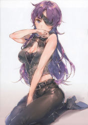 Rule 34 | 1girl, absurdres, bare shoulders, black footwear, black pants, blush, boots, breasts, cleavage, cleavage cutout, clothing cutout, covering own mouth, dsmile, eyepatch, gradient background, highres, knee boots, long hair, medium breasts, mirai nikki, navel, pants, purple eyes, purple hair, scan, seiza, shiny clothes, simple background, sitting, sleeveless, solo, tank top, uryuu minene, very long hair, white background
