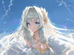 Rule 34 | 1girl, absurdres, blue eyes, blue sky, blurry, breasts, cleavage, closed mouth, commentary, dress, drop earrings, earrings, grey hair, highres, hovaku, jewelry, king god castle, large breasts, laurel crown, long hair, looking at viewer, pointy ears, sidelocks, sky, solo, tia (king god castle), upper body, white dress