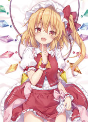 Rule 34 | 1girl, ascot, bed sheet, blonde hair, blush, bow, breasts, commentary request, cowboy shot, crystal, finger to own chin, flandre scarlet, frilled shirt collar, frills, hair between eyes, hand up, hat, hat bow, long hair, looking at viewer, lying, miniskirt, mob cap, on back, one side up, open mouth, petticoat, pink bow, puffy short sleeves, puffy sleeves, red bow, red eyes, red skirt, red vest, riichu, shirt, short sleeves, skirt, skirt set, small breasts, smile, solo, touhou, vest, white hat, white shirt, wings, wrist cuffs, yellow ascot