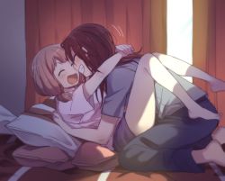 Rule 34 | 2girls, :d, ^ ^, bang dream!, barefoot, blush, closed eyes, curtains, face-to-face, girl on top, grey shirt, grin, hug, indoors, leg lock, legs up, long hair, low twintails, lying, multiple girls, on back, on bed, open mouth, pants, pillow, pink hair, re ghotion, red hair, shirt, short sleeves, shorts, smile, t-shirt, twintails, udagawa tomoe, uehara himari, yuri