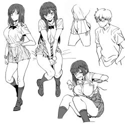Rule 34 | 1boy, 1girl, black hair, black neckwear, blush, breasts, cellphone, collared shirt, cropped legs, dress shirt, full body, glasses, grabbing, grabbing another&#039;s breast, greyscale, groping, groping breast, hands in pockets, highres, holding, holding phone, large breasts, loafers, long hair, looking at viewer, monochrome, original, panties, phone, ribbon, school uniform, scrunchie, shirt, shoes, short hair, simple background, sitting, skirt, smile, socks, string panties, t-shirt, teeth, underwear, upper body, urec, white background, white shirt, wrist scrunchie