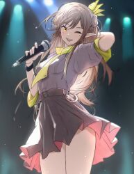 Rule 34 | 1girl, alternate costume, arknights, black skirt, blush, braid, breasts, brown hair, commentary request, cowboy shot, elf, french braid, highres, holding, holding microphone, idol, idol clothes, light particles, long hair, looking at viewer, medium breasts, microphone, mole, mole under eye, muelsyse (arknights), necktie, one eye closed, open mouth, pointy ears, short sleeves, sidelocks, skirt, solo, sora mame (princess 0sora), stage lights, teeth, upper teeth only, yellow necktie